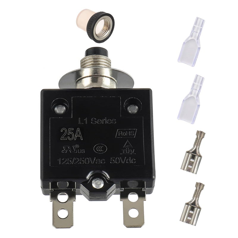EPLZON 25A Manual Reset Push Button Circuit Breaker 125/250V AC 50V DC Thermal Overload Protector with Quick Connect Terminals and Waterproof Button Caps Assortment Kit(Pack of 1 pcs) - Image 1